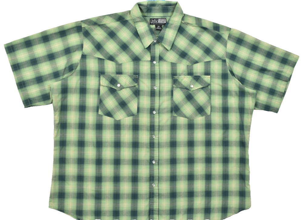 Canyon Guide Outfitters Men 3X Short Sleeve Green Plaid Western Pearl Snap Shirt